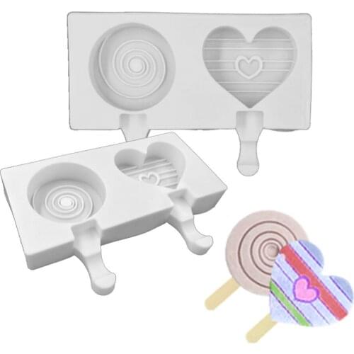2 Holes Heart Lollipop Shaped Silicone Ice Cream Mold Popsicle Molds Chocolate Dessert Mould Ice Cube Tray For Party Bar Decor