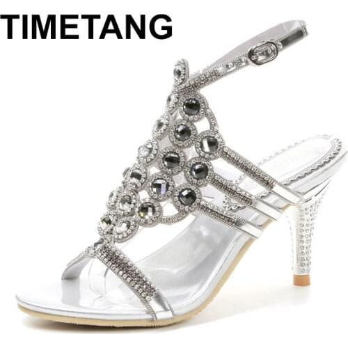 TIMETANGSummer T-Straps Crystal Stiletto Heel Summer High Heels Sandals Women Wedding Party Heels Formal Dress Purple ColorE1049