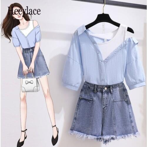 Korean 2 pieces bike shorts sets summer Sweet off shoulder patchwork crop top and shorts 2 pieces sets women two pieces outfits