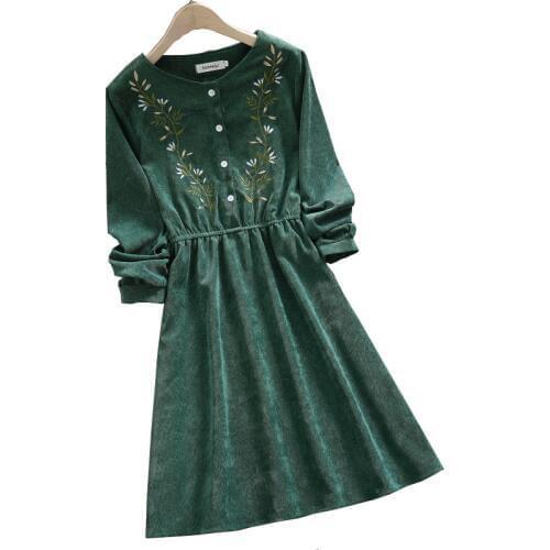 Mori girl corduroy embroidered floral dress new arrival long sleeve green elegant vintage dress for women