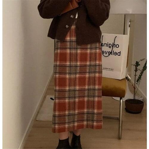 Vintage Plaid Woolen Skirt 2021 New Split Fork Design A-Line Saia Korean High Waist Autumn Winter Elegant Wool Girl Long Skirt