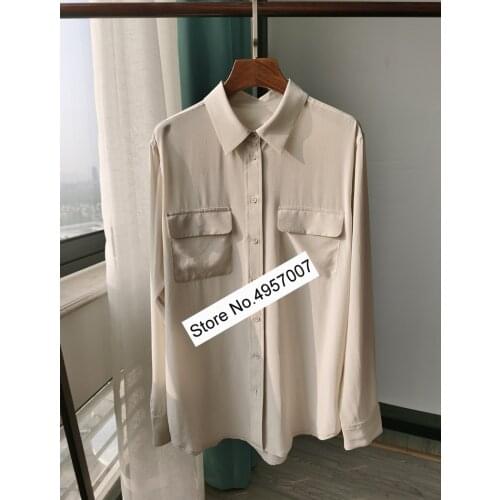 ElfStyle Silk Ladies Shirt Top - Women Blue/Beige/Green Solid Color Long Sleeve Blouse Shirt Top With Double Pockets