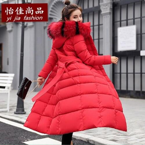 Cotton-padded jacket womens 2021 winter new style Korean version long over-the-knee down padded jacket womens big fur collar S