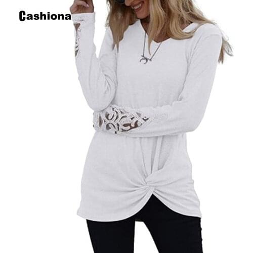 2020 Women White Elegant O-Neck Long Tops Patchwork Lace Autumn Casual Long Sleeve T shirt Bow Tie Loose Tees Shirt feminina