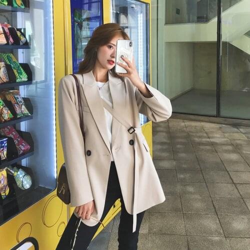 Korean Women Casual Beige Blazers Loose Notched Collar Lacing Double Breasted Long Sleeve Female Suit Jacket Spring Autumn 2021