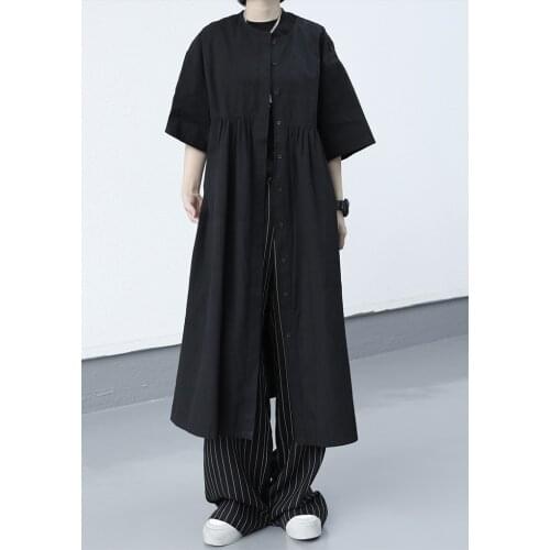 Summer 2021 new retro design single breasted loose short sleeve shirt over knee round neck casual dress