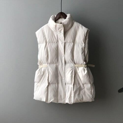 Grey Stand Collar Cotton Waistcoat Womens New Winter Slim Waist Fashion Bread Suit Vests White Sleeveless Coat 80026