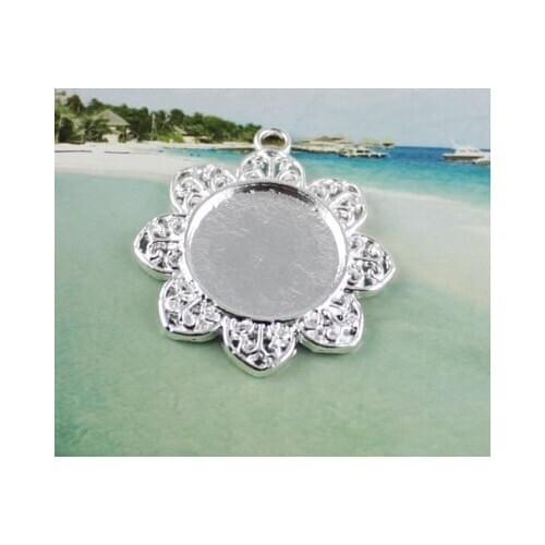 20Pcs 1" Silver Color plated Cabochon Settings Pendant blank glue on bail Flower Charms A13742sp
