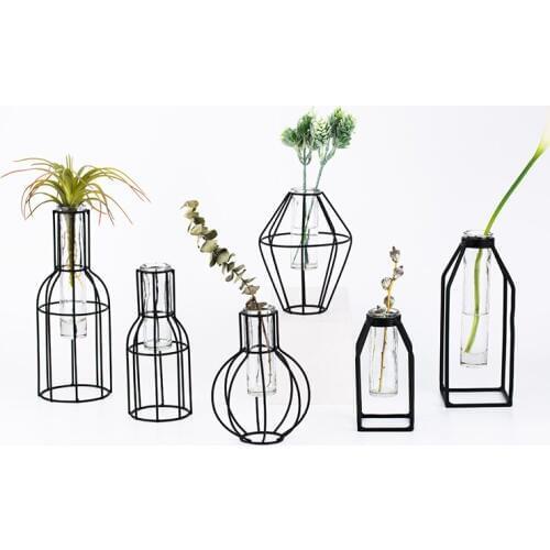Nordic Style 3D Glass Iron Art Geometric Vase Ornaments Plant Bonsai Flower Wedding Home Decorate Minimalist Garden Modern Decor