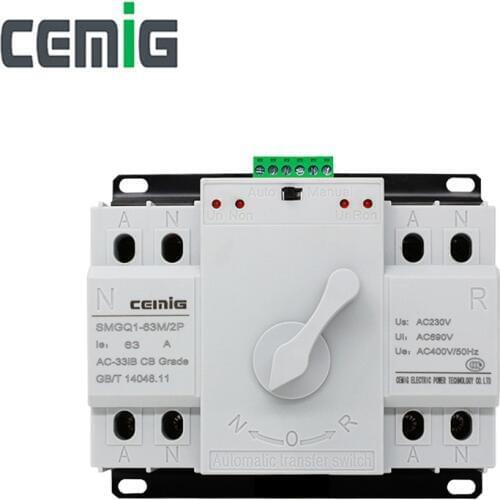 ATS 2P Dual Power Automatic Transfer Switch Cemig SMGQ1-63M Circuit Breaker MCB AC 230V 16A 32A 40A 63A