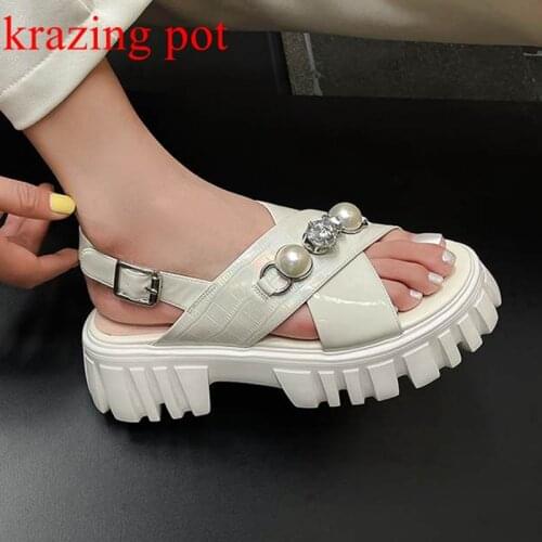 Krazing Pot genuine leather platform thick bottom high heels pearl diamond summer women luxury preppy style leisure sandals l0f7