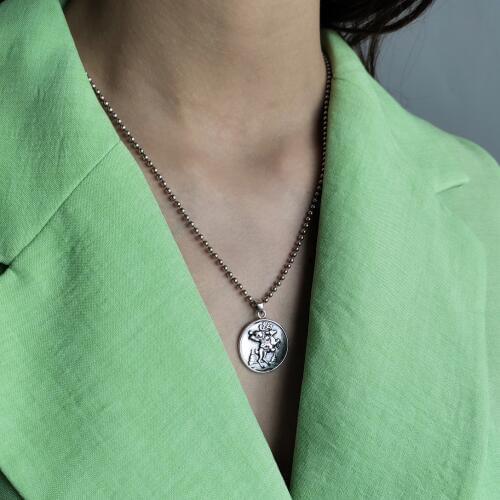 Vintage Sterling Silver 925 Necklace For Women 2019 Trendy Retro Design Ball Bead Chain Medal Coin Knight Pendant Necklace