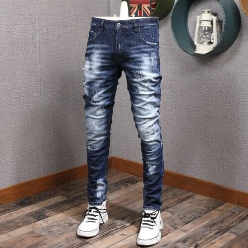 European Streetwear Fashion Men Jeans High Quality Retro Dark Blue Slim Fit Ripped Jeans Men Painted Designer Denim Punk Pants