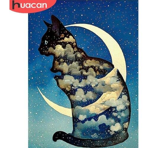 HUACAN Cat 5D Full Square/Round Diamond Painting Animal Diamond Mosaic Moon Cross Stitch Home Decoration Handmade Gift