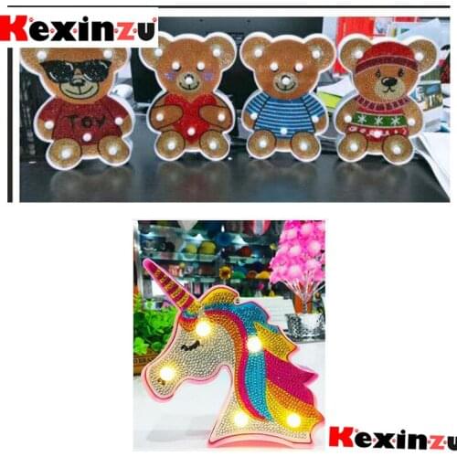 Kexinzu LED Light Round Drill 5D DIY Diamond Painting With Light Unicorn Bear 3D Embroidery Mosaic Cross Stitch Decor Gift Tool
