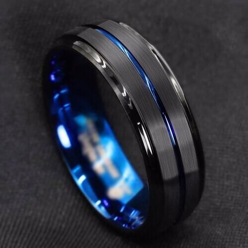 Trendy Round Black Stainless Steel Rings Blue Groove Charm Ring For Men Fashion Jewelry Accessories Gifts