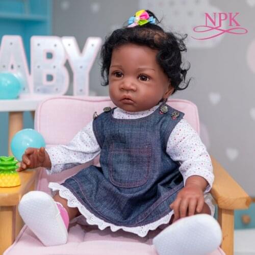 NPK 60CM Black Skin Huge Toddler Gril Bebe Doll Reborn Baby Handmade African American Baby Handrooted Hair Collectible