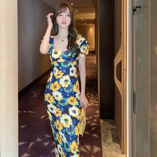 Summer Women Bodycon Ladies Short Puff Sleeve Square Collar Dress Vintage Print Maxi Dress Classy Elegant Sexy Party Dresses