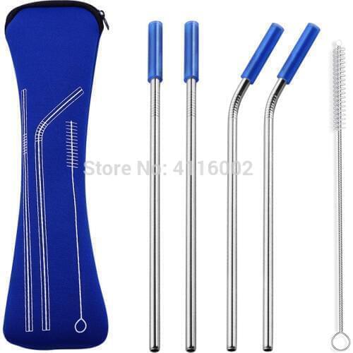 100 Sets 4pcs/set Reusable Stainless Steel Straws With Silicone Tips With Clean Brush & Cloth Bag Wedding Party Straw