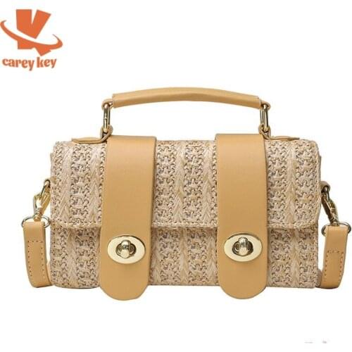 CAREY KEY Fashion Straw PU Ladies Handbag Summer Bohemian Beach Tote Bags Rattan Handmade Knitted Travel Shoulder Messenger Bag