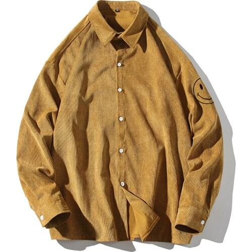 2021 Autumn Winter New Mens Smiley Face Embroidery Corduroy Long Sleeve Shirt Japanese Casual Handsome Fashion Jacket Clothes
