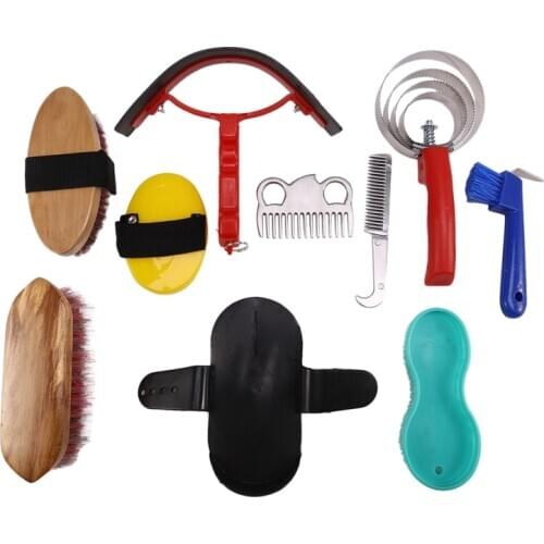 10-IN-1 Horse Grooming Tool Set Cleaning Kit Mane Tail Comb Massage Curry Brush Sweat Scraper Hoof Pick Curry Comb Scrubber