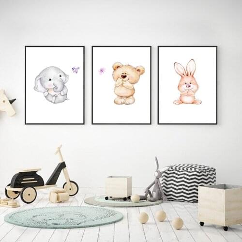 Bear Elephant Rabbit Hippo Wall Art Poster Abstract Butterfly Art Print Animal Canvas Painting Nordic Pictures Baby Room Decor