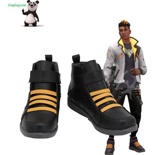 Valorant Phoenix Black Yellow Cosplay Shoes Long Boots Leather Custom Made For Christmas Halloween Party