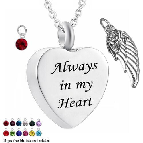 Always in my heart 12 Piece Birthstone Urn Necklace Heart Memorial Keepsake Holder Pendant Ash Cremation Jewelry