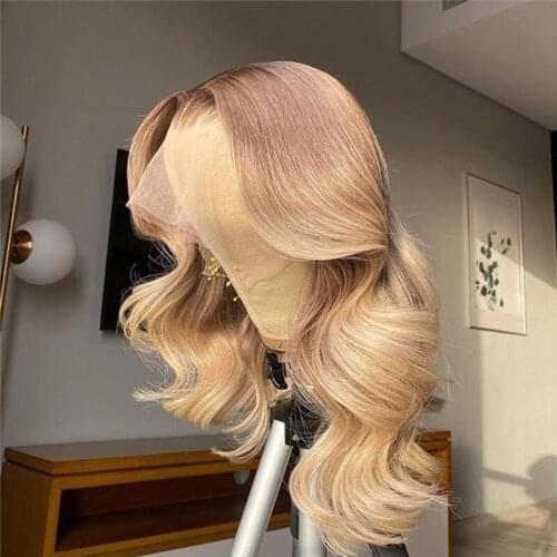 Ombre Blonde Transparent Lace Wig Human Hair Body Wave Lace Front Wigs 4x4 Lace Wig with Dark Roots for Women