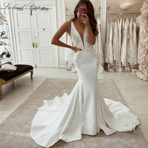 Lceland Poppy Sexy V-neck Satin Mermaid Wedding Dresses Sleeveless V Backless Vestido de Novia Appliques Plus Size Bridal Gowns