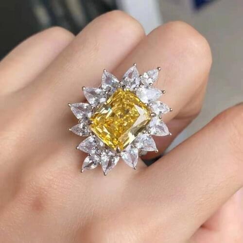 Hot Brand Pure 925 Sterling Silver Jewelry Rings Yellow Square Stone Wedding Silver Rings Engagement Jewelry Female 5ct Rings