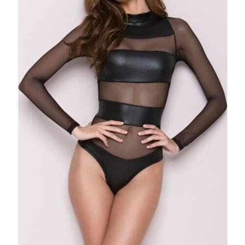 Sexy See Through Tight Lingerie Women Sensual Alluring Leather Clubwear Underwear Splice Lingerie Sex Bodysuit Jumpsuit