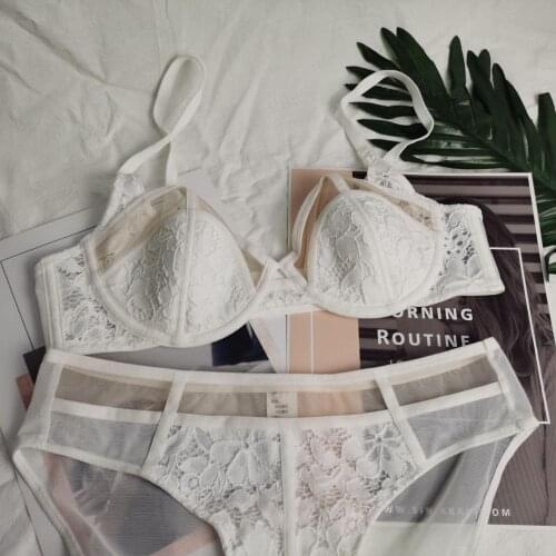 Wriufred Sexy thin cotton bra set half cup see-through mesh lace big breasts underwear women plus size lingerie with panties