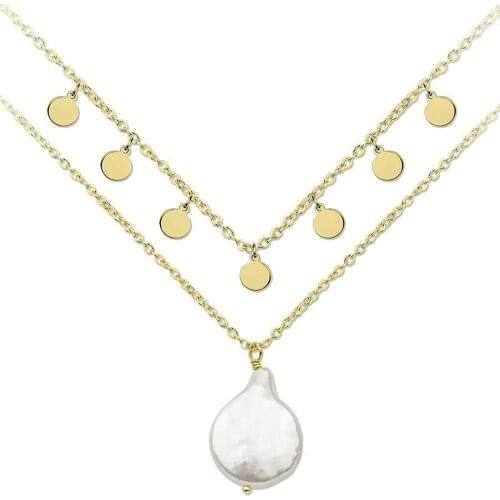 DARK DIAMOND-Double Coin necklace and narutal Pearl. In rhodium plated or 18k gold plated sterling silver