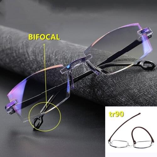 High Quality Bifocal Anti Blue Reading Glasses Portable Rimless Multifocal Presbyopic Glasses Magnification Diamond Cutting NEW