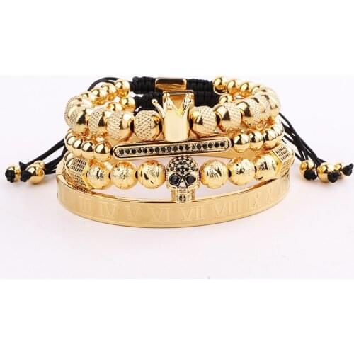 High Quality Men Jewelry Gold Stainless Steel Roman Bangle CZ Skull Charm Macrame Bracelet Set