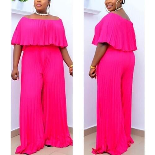 Elegant Rompers Women Pleats Wide Leg Jumpsuits Summer Off the Shoulder Half Sleeve Solid Streetwear Ladies Clothing