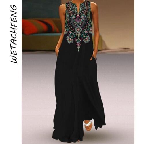 Black Vintage Print Dress Summer Sleeveless V Neck Maxi Sundress Fashion Plus Size Ladies Long Dresses Hot Sale Women Clothing