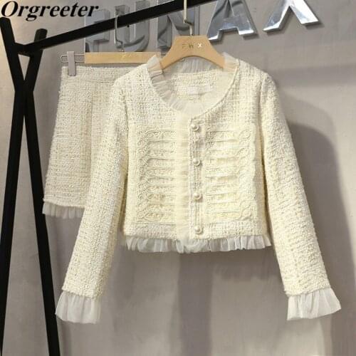 Vetement Femme Fall 2021 Ruffles Trim Tweed Two Piece Set Women Embroidery Buttoned Woolen Jacket Crop Coat + Mini Skirts Sets