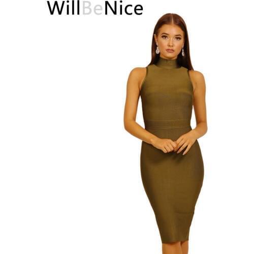 WillBeNice 2019 Army Green Wholesale Sleeveless High Neck Womens Knee Length Split Party Bandage Dress Celebrity Bodycon Dress