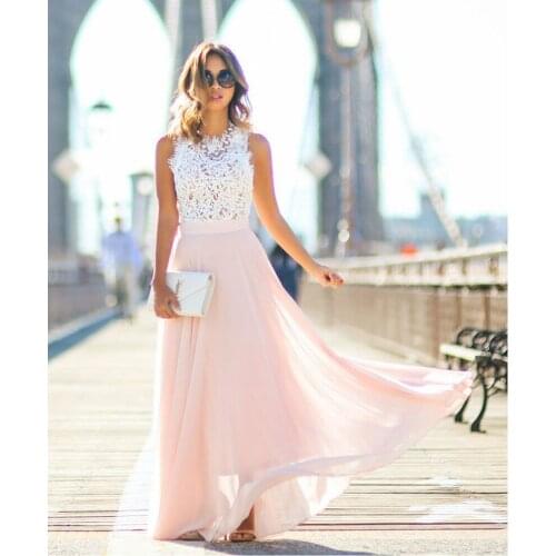 Summer Sweet Women Dresses HOT Women Summer Sweet Sleeveless O-neck High Waist Pink Lace Patchwork Long Dress