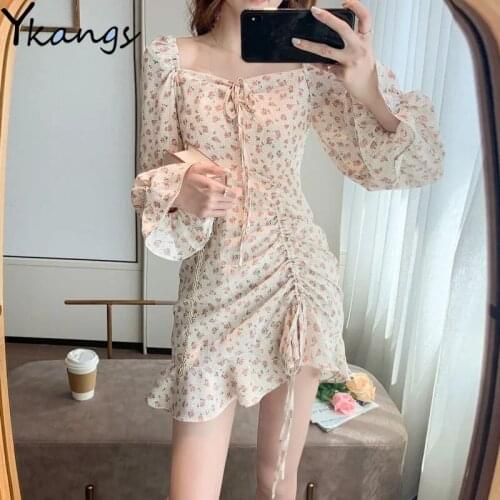 Ruffles Elegant Aesthetic Square Collar Long Sleeve Dress Women Floral Print Korean Style Sweet Gothic Kawaii Hip Skirts Female