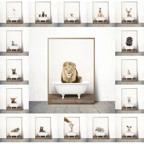 Animal in Bathtub Wall Art Bathroom Toilet Kid Room Baby Elephant Lion Zebra Canvas Painting Posters Cuadros Prints Picture