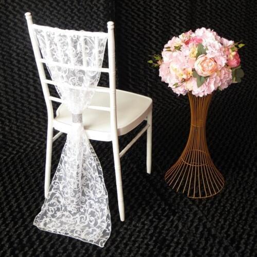 100 PCS Free Shipping 30cm * 200 cm Flocking Organza Chair Sash Elegance Flocking Chair Sash with Diamond Buckle