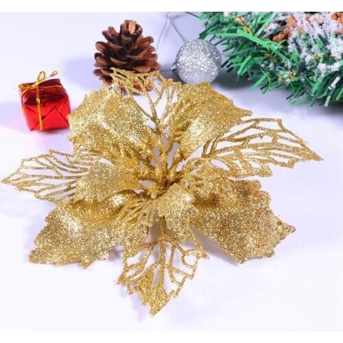 12Pcs Glitter Poinsettia Flowers Hollow Artificial Flowers Christmas Ornaments Xmas Tree Hanging Pendant (Golden)