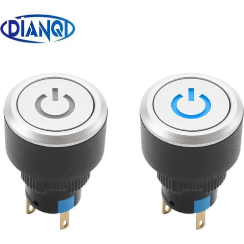 16mm Plastic push button switch power sign inside LED Red Green Yellow White Blue Momentary reset 3V 12V 24V