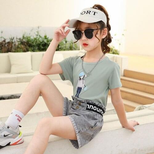 Girls Clothes Sets Summer Cotton T-shirt + Denim Shorts 2pcs For Girls Teenage kids Childrens Clothes 4 6 8 10 12 Years