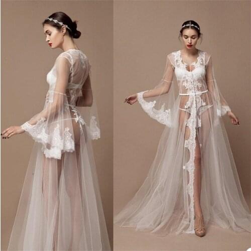 Elegant Lace Pajamas Wedding Bath Gown Soft Tulle White Bathrobe Long Sleeves Bridal Robe Women Nightgown