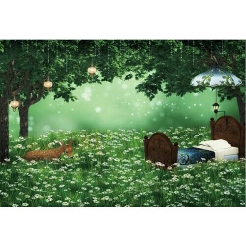 Daisy and Fawn with Green Tree Backdrop Holiday Photography Background Celebration Photo Booth Studio Decor